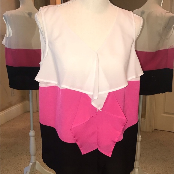 Rafaella Sleeveless Tank Tiered Ruffle Colorblock Black White Pink Fuchsia M - Picture 4 of 11
